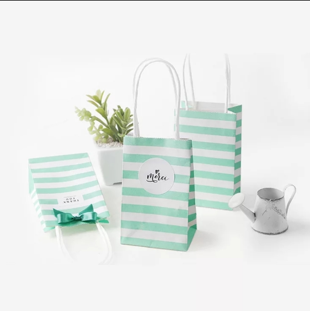 Set Of 5 Striped Mini Gift Bags Kraft Paper Ribbon Thank You Stickers Aqua